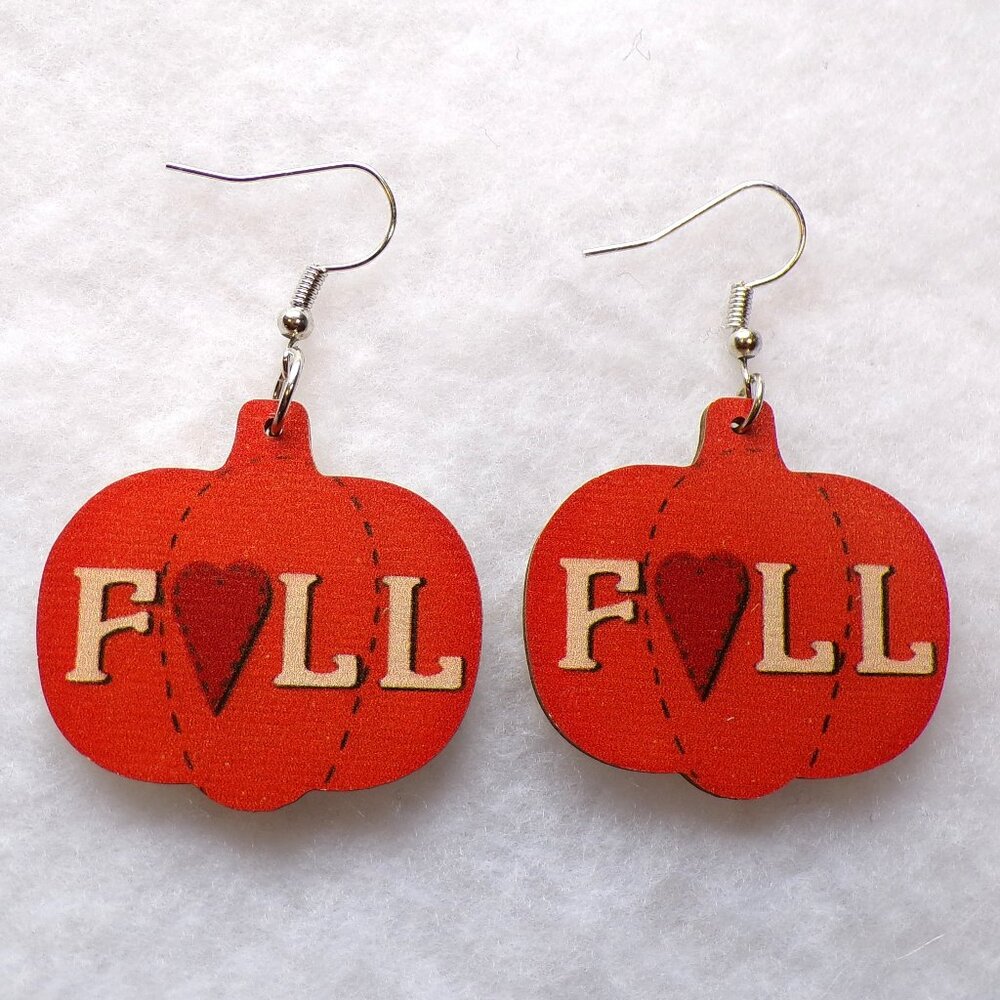 Wood "FALL" Pumpkin Dangle Earrings
